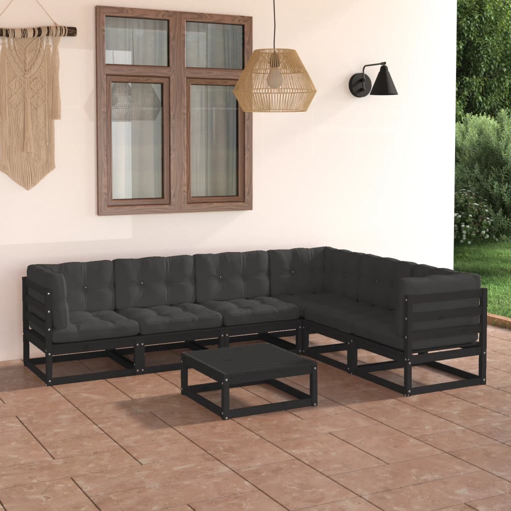 7-tlg. Garten-Lounge-Set mit Kissen Schwarz Kiefer Massivholz